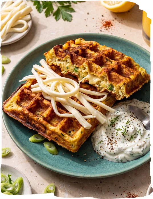 Çeçil Peynirli Çıtır Patates Waffle ve Otlu Yoğurt