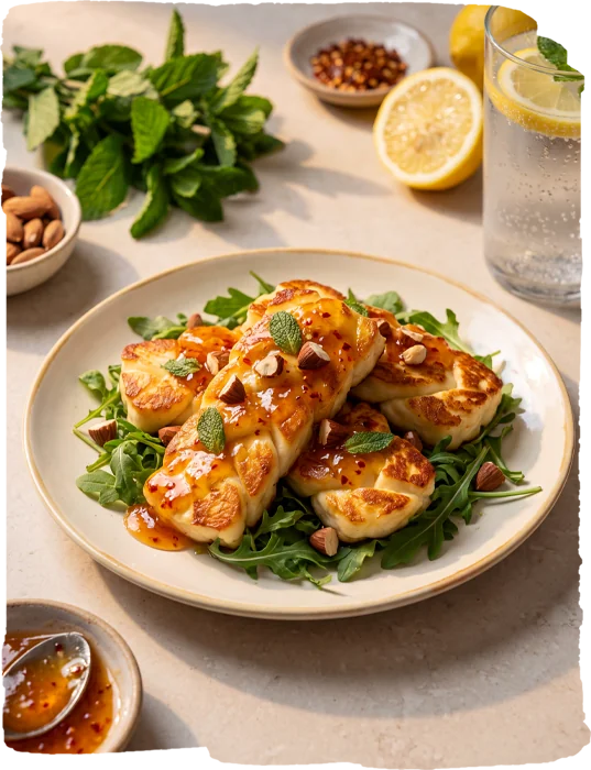 Kayısı Soslu Izgara Örgü Peyniri ve Roka Salatası