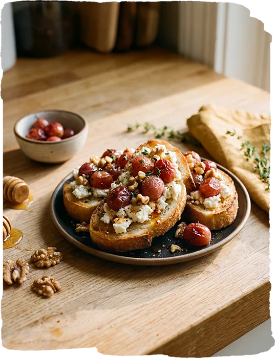 Fırınlanmış Üzüm, Ezine Tarzı Peynir ve Acı Ballı Crostini