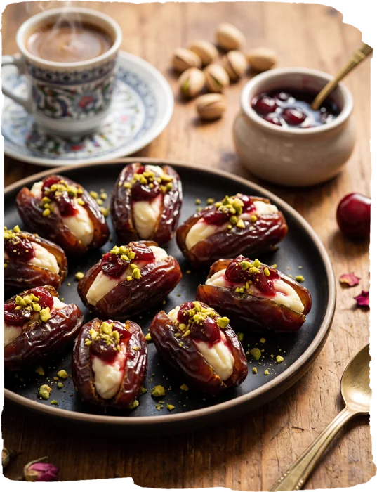 Vişne Reçeli ve Antep Fıstıklı Kaymak Dolgulu Hurmalar